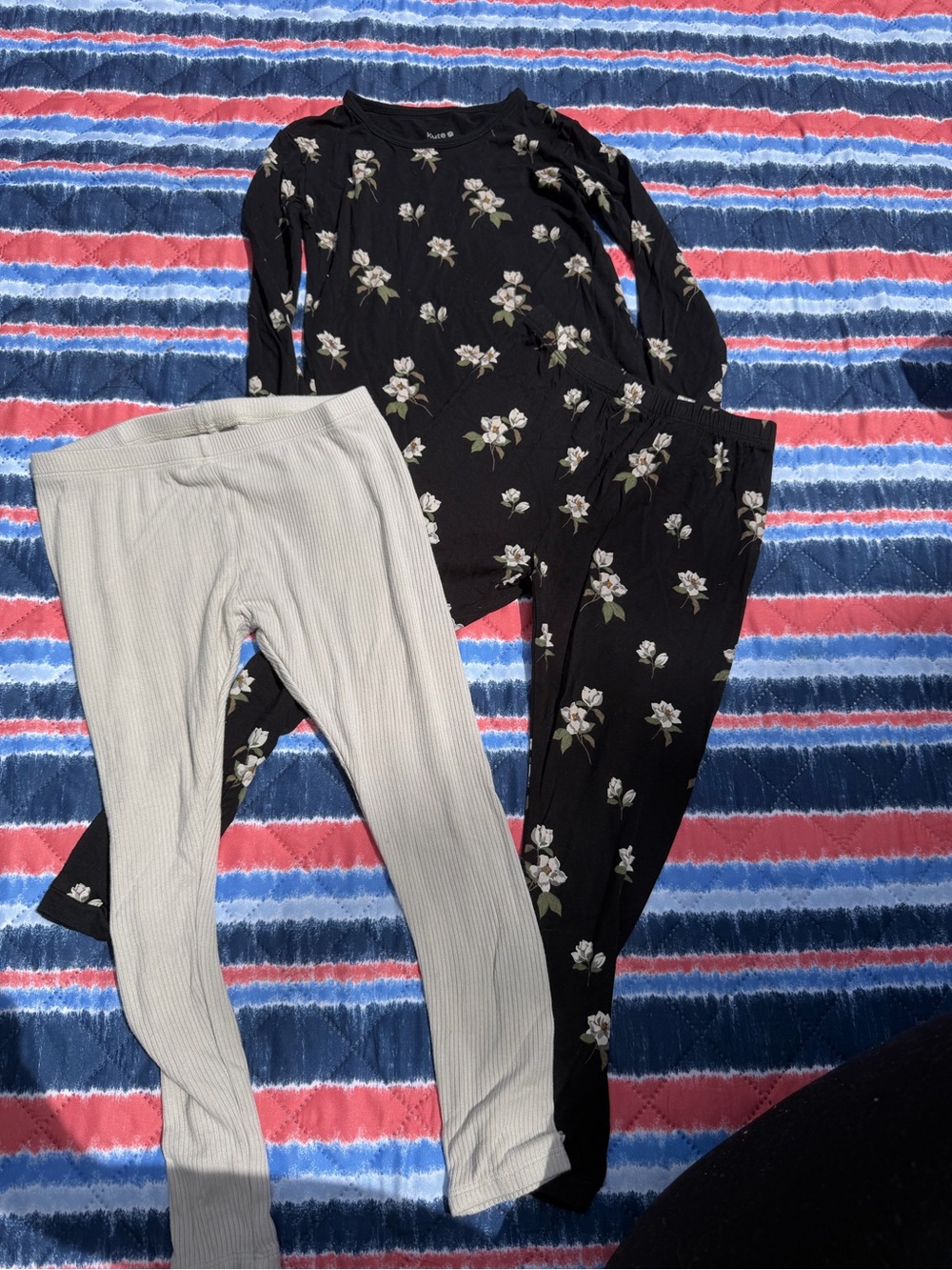 Kyte BABY Black Floral Top & Pants with Cream Ribbed Leggings